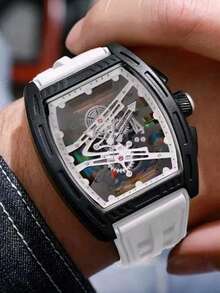 1PC Men's Multi-Color Hollow Watch, Black, White, Red Three-Color Silicone Strap, Mechanical Style, Hollow Mechanical Chronograph Function, Barrel-Shaped Hollow Colorful Dial, Men's Luxury Watch Accessory, Suitable For Summer Wear, Birthday, Valentine's Day, Father's Day Gift, Luxury Gift For Boyfriend And Son - Multicolor - View 10
