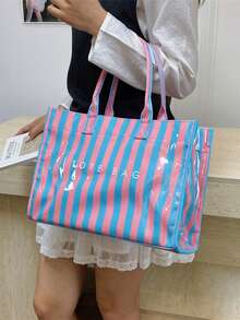 Fashionable College Style Large Capacity Tote Bag - Lightweight PVC And Kraft Paper Material, Hook And Loop Closure Design, Women's Fashion - Multicolor - View 3