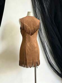 Mother's Day Gift 2026 Summer Western Style Vintage V-Neck Knitted Fabric Tassel Faux Suede Dress Slim Fit Suitable For Bohemian Style Mini Midi Dress - 天藍色 - 查看 11