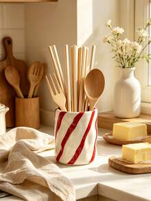 1pc Striped Resin Kitchen Utensil Holder, Bright Red/Pink Diagonal Striped Utensil Holder, Decorative Resin Storage Rack For Spoons, Forks, Whisks, Suitable For Kitchen, Restaurant, Lightweight Resin Material, Adds Cheerful Atmosphere To Cooking Space - Slash Polka Dot Storage - View 3