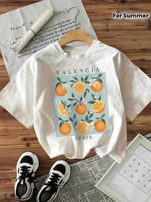 Orange Short-Sleeved T-Shirt With A Round Neck And "VALENCIA SPAIN" Print. - White - View 2