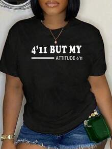 Girls' Clothing (Only Available For The Short-Sleeved Shirt Shown In The Image) Black And White T-Shirts, 100% Cotton, 1.50 M But My Attitude 2.10 M, Fun Short-Sleeved T-Shirt With Round Neck And High Attitude For Petite Girls, Clothing For Women And Men, Graphic T-Shirts, Cute Summer T-Shirts Unique Printed Short-Sleeved T-Shirt - 黑色 - 查看 6