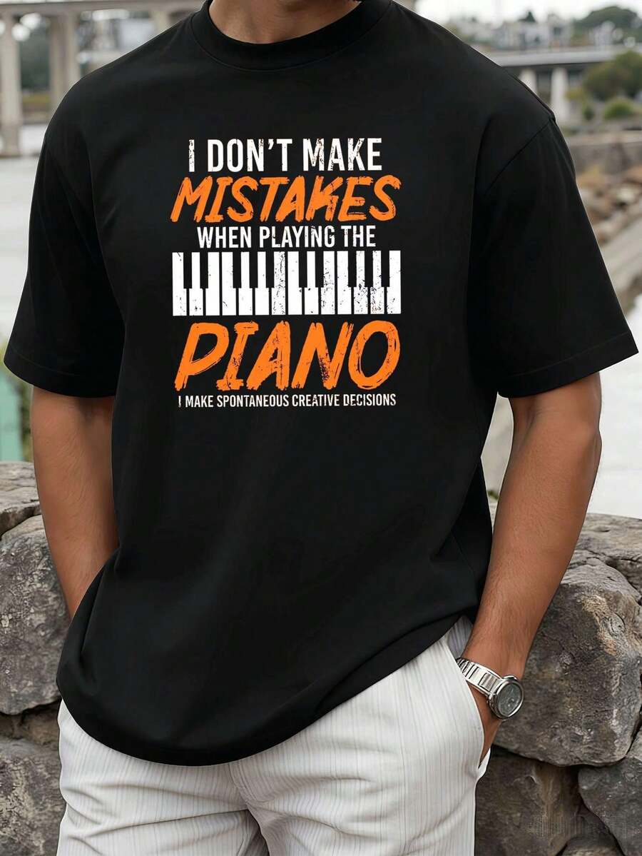 Divergent T-Shirt For Men With Piano Graphics, Autunno, Fabric Of High Quality, Vestibilità Comfortable, Casual, Traspirante. - Black - View 1