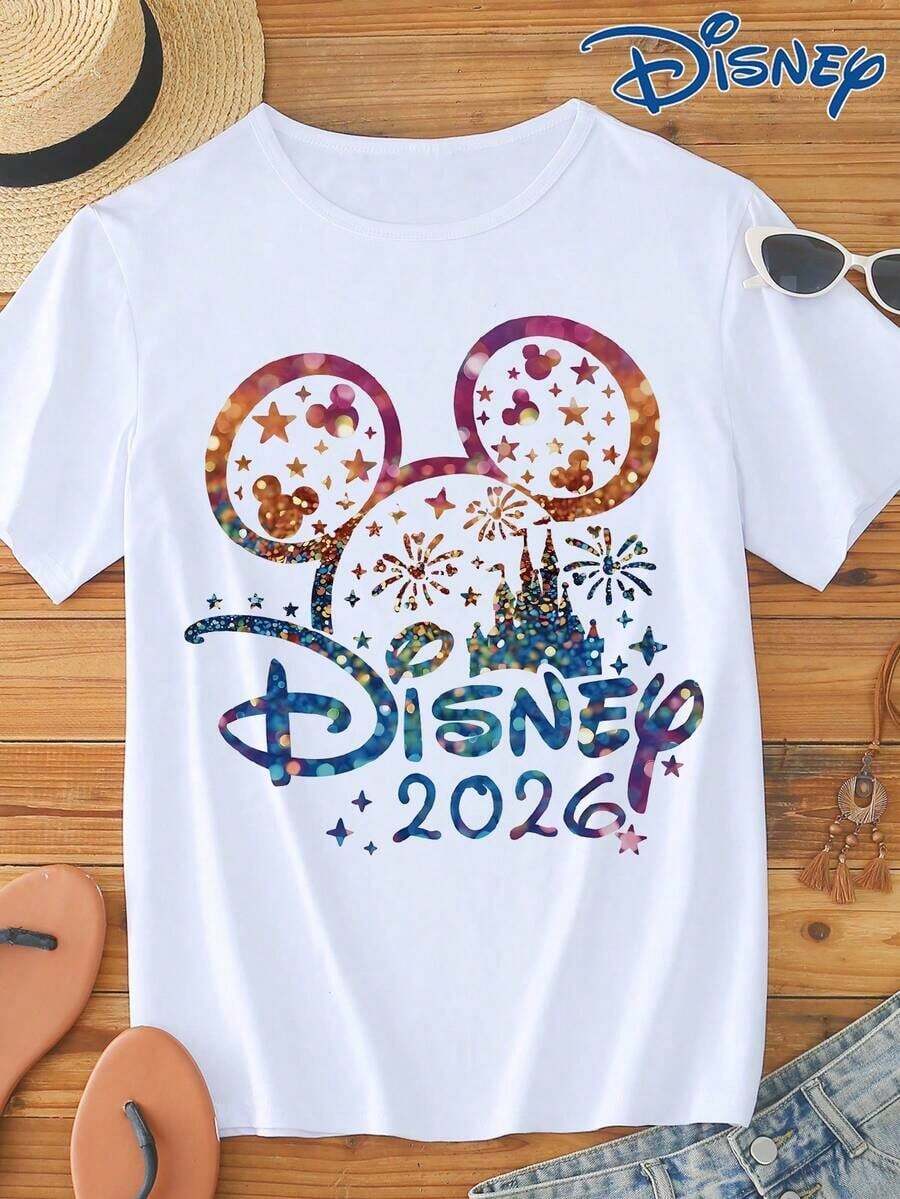Disney 2026 Cartoon Castle & Mickey Mouse Print Short Sleeve T-Shirt, Crew Neck, Stretchy, Suitable For Casual Wear, Easy Care Material, Fashionable Leisure Men's T-Shirt - trắng - Xem 1
