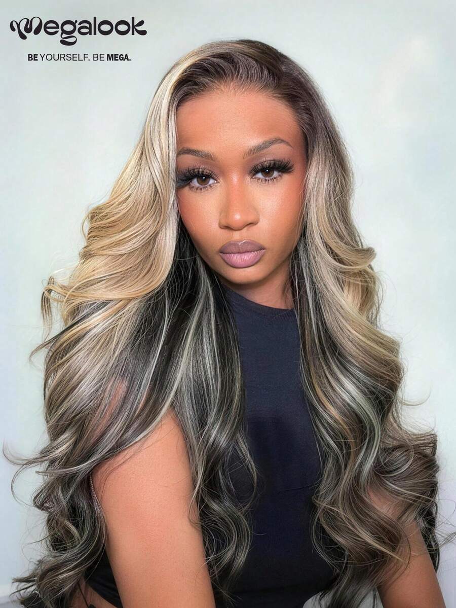 MEGALOOK Ombre Platinum Dip-Dye Upgraded 13x6 Max Three-Go™ Lace Front Wig, With Drawstring, Pre-Cut Ear To Ear Lace, Natural Hairline, No Glue Needed, Dip-Dye Color, 180% Density, Wavy Style