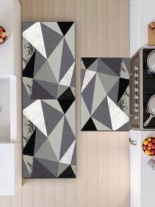 3.5mm Thick Absorbent Rubber Kitchen Mat, Large Or Small Rug, Modern Geometric Abstract Design In Black, White And Gray Tones With Layered Triangle Patterns, Faux Marble Texture Decorative Carpet, Can Be Trimmed To Fit Kitchen, Living Room Or Bedroom - Multicolor - View 8