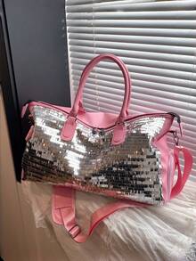New Fashionable Travel Bag With Jacquard Pattern, Minimalist Niche Design, Stylish And Popular, Suitable For Short Trips, Fitness, With Spliced Color Blocks, Large Capacity, Versatile - Pink - View 4