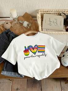 Summer Tops: Casual, Loose-Fitting Girls' T-Shirt With Rainbow Pride Graphic – Including "Love Is Love" Lettering & Heart Design, Soft Stretch Knit Round Neck Short Sleeve Summer Top For Casual Wear - 白色 - 查看 6