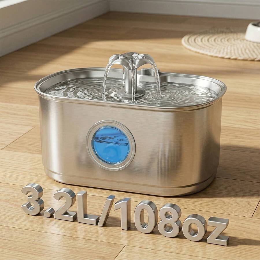 3.2L/108Oz Large Capacity Cat Water Fountain, Stainless Steel Automatic Pet Water Dispenser With Visible Water Level Window, Ultra Quiet, Provides Pure Fresh Drinking Water For Cats And Dogs - 3.2L - View 1