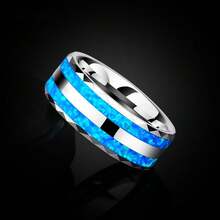 Anillo de tungsteno 2023 para boda, dos piezas, ópalo azul, 8 mm de ancho, joyería personalizada para mujeres y hombres - 7 - Ver 3