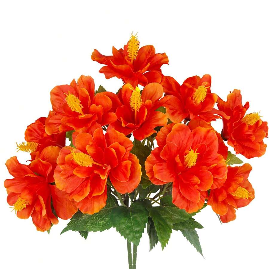 Yuejia 1/2 Pcs Artificial Outdoor Flowers Realistic Fake Hibiscus Tropical Flowers Spring Summer Decoration Faux Plants For Outdoors Planters Outside Porch Patio Yard Garden