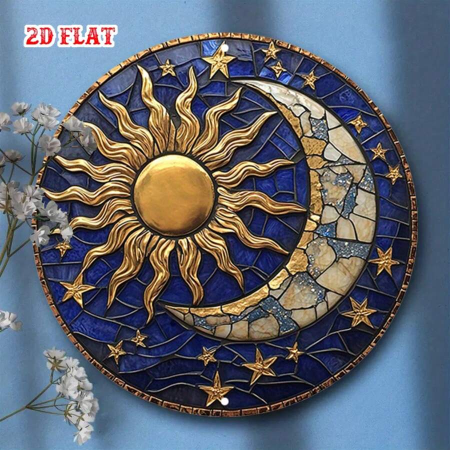 2D Flat - One-Piece 2D Flat Moon Theme Decorative Sign, Circular Design, Sun Shaped Plaque, Rustic Metal Wall Art With Stars, Suitable For Home, Garage, Restaurant Or Cafe Wall Decor