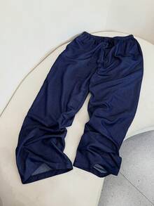 Pantalones anchos de lino para mujer, cintura elástica con cordón, sueltos y relajados, informales, ligeros y transpirables, para verano - Azul profundo 2 - Ver 4