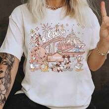 Disney Women's T-Shirt 1PC Licensed "Vintage Pastel Mickey & Friends Epcot Landmarks" Cartoon Printed Oversized  T‑Shirt, Short Sleeve Tee For Disney Travel, Vacations & Theme Parks. 2026 New Style, Ideal For Family Outings & Matching Outfits, Unisex For All Ages. High‑Quality Cotton Fabric, Soft & Breathable. Neutral Blush‑Tone Epcot Iconic Attractions & Multi‑Character Group Print Design, The Best Gift For Disney Fans & Epcot Vacation Lovers. - trắng - Xem 1