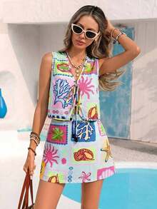 Conjunto de 2 piezas de top con amarre delantero y minifalda con estampado de limón y fresa para vacaciones - Azul - Ver 1