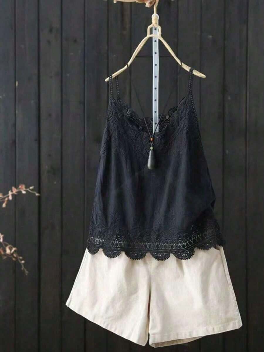 Camiseta de verano de mujer con diseño vintage, casual y holgada, de unicolor, con bordados y encaje calado - Negro - Ver 1