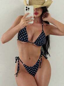 Bonvoyette Conjunto de 4 piezas para vacaciones de mujer: Top de bikini con estampado de cuello halter, Bottom de traje de baño, falda larga tipo sarong y cubre-todo - Negro - Ver 3
