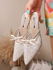 New Chinese Style White High Heel Mules, Pointed Toe Lace Embroidery Convertible Sandals For Women - White - View 5