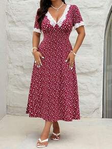 Vestido de encaje floral rojo vintage con escote en V, vestido romántico francés de cintura ceñida y longitud hasta la rodilla, con vibra de vacaciones - Burdeos - Ver 3