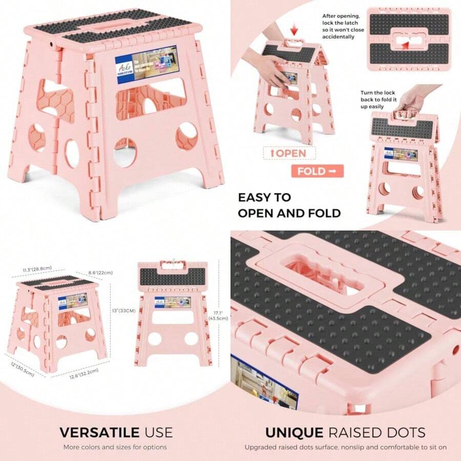ACKO - Taburete plegable de 13 pulgadas de altura de alta calidad plegable para adultos y niños taburete de plástico para cocina pequeño y plegable soporta hasta 300 libras color rosa 1 unidad - Rosa Sakura - Ver 1