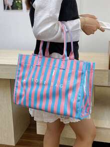 Fashionable College Style Large Capacity Tote Bag - Lightweight PVC And Kraft Paper Material, Hook And Loop Closure Design, Women's Fashion - Multicolor - View 4