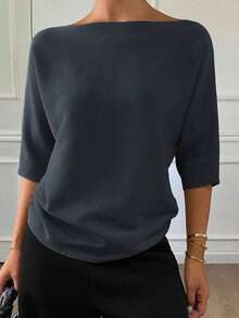 Blusa de punto de cuello barco de unicolor, ajustada, de manga corta, casual y elegante para mujer, otoño/invierno - Gris Oscuro 2 - Ver 2