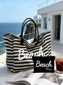 Beach Please 條紋大容量沙灘托特包套組，休閒手柄編織沙灘手提包附拉鍊收納袋，輕便夏季旅行包，適合沙灘旅行、泳池派對、度假與日常購物，可收納泳衣、毛巾、化妝品與沙灘必需品，適合女性、女孩、旅行者與沙灘愛好者，適用於復活節、夏季假期、生日與節日禮物，可作為沙灘包、托特手提包、泳池包與旅行收納包使用 - 彩色 - 查看 1