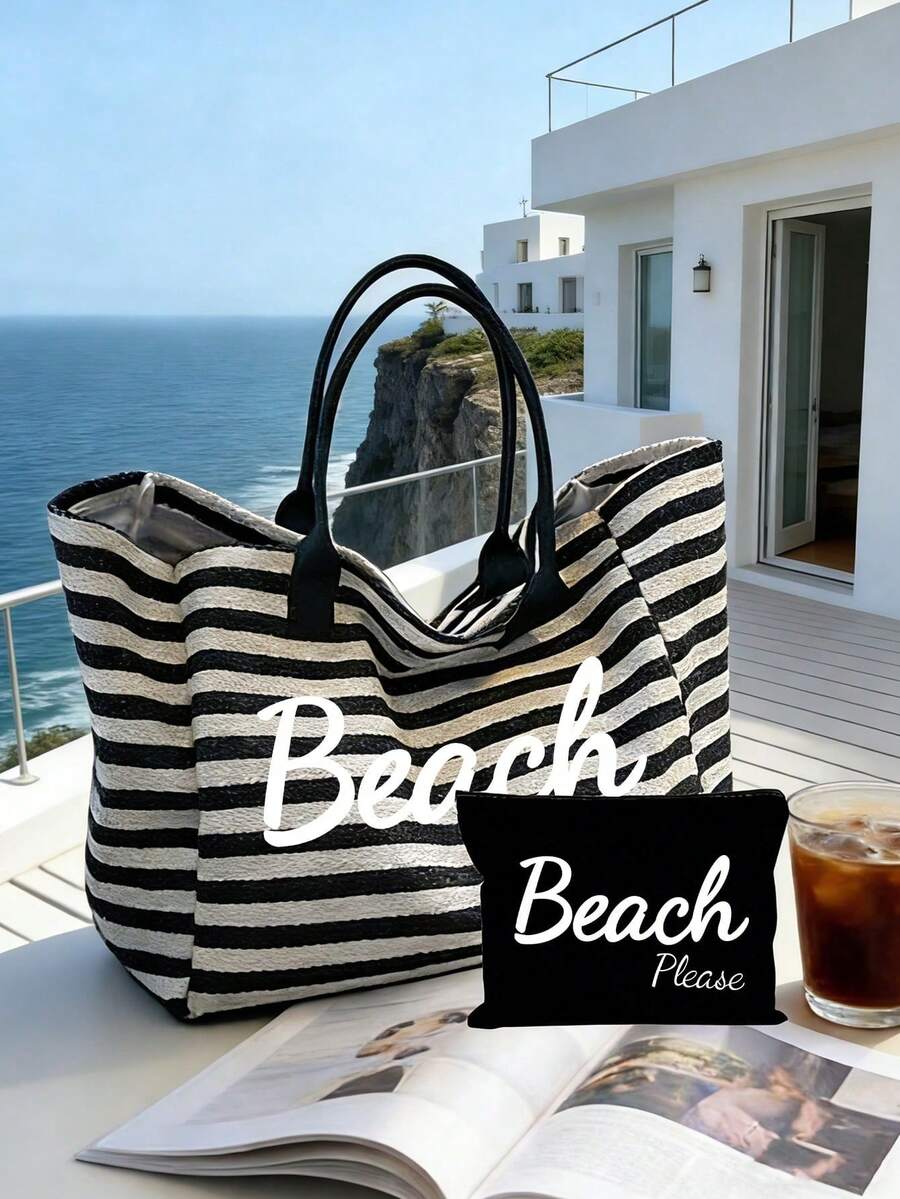 Beach Please 條紋大容量沙灘托特包套組,休閒手柄編織沙灘手提包附拉鍊收納袋,輕便夏季旅行包,適合沙灘旅行、泳池派對、度假與日常購物,可收納泳衣、毛巾、化妝品與沙灘必需品,適合女性、女孩、旅行者與沙灘愛好者,適用於復活節、夏季假期、生日與節日禮物,可作為沙灘包、托特手提包、泳池包與旅行收納包使用 - 彩色 - 查看 1