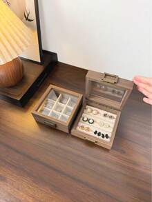 1pc Vintage Wooden Jewelry Box With Lid, Transparent Dust-Proof Storage Box For Earrings, Rings, Bracelets, Portable Small Accessory Organizer - Multicolor - View 7