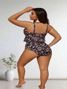 Plus Size Black Ditsy Floral Ruffle Hem High Waist Bikini Set - 彩色 - 查看 5