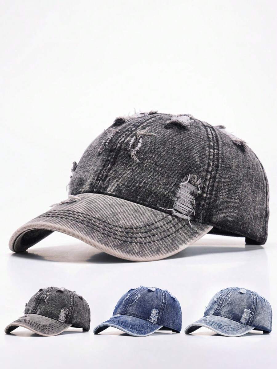 1pc Distressed Washed Denim Baseball Cap, Unisex Couple Style, Outdoor Versatile All Season Soft Crown Curved Brim Hat - Multicolor - View 1