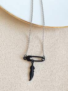 1pc Fashionable Stainless Steel Safety Pin Pendant Necklace, Original Design For Women - Brooch Feather - View 9