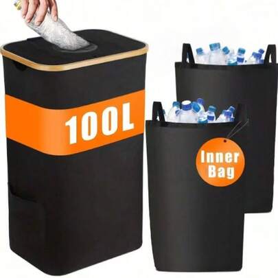100L Papelera de reciclaje de botellas con marco de bambú de gran capacidad, cesta de almacenamiento plegable para botellas de bebidas, adecuada para el hogar, la cocina, el baño, la despensa, la sala de estar, almacenamiento de botellas y latas, accesorios para el baño, la cocina, la sala de estar, regalo para fiestas
