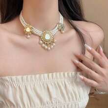 3PCS New Heavy Craft High-End Flower Tassel Earrings Fashion Multi-Layer Beaded Collarbone Chain Women's Exquisite Jewelry Set - 10-2308 White Suit - View 5