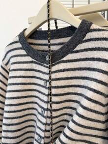 Plus Size Women's Autumn/Winter Striped Knit Cardigan, Round Neck Single-Breasted Long Sleeve, Loose Casual Daily Outerwear - Grey - View 7