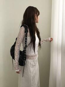Japanese Style Colorful Lace Hollow Out Elastic Knit Long Sleeve T-Shirt Undershirt, Spring White - White - View 4