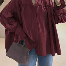 Camisa casual de mujer, camisa con mangas anchas y acampanadas, unicolor de poliéster negro para primavera - Rojo - Ver 1
