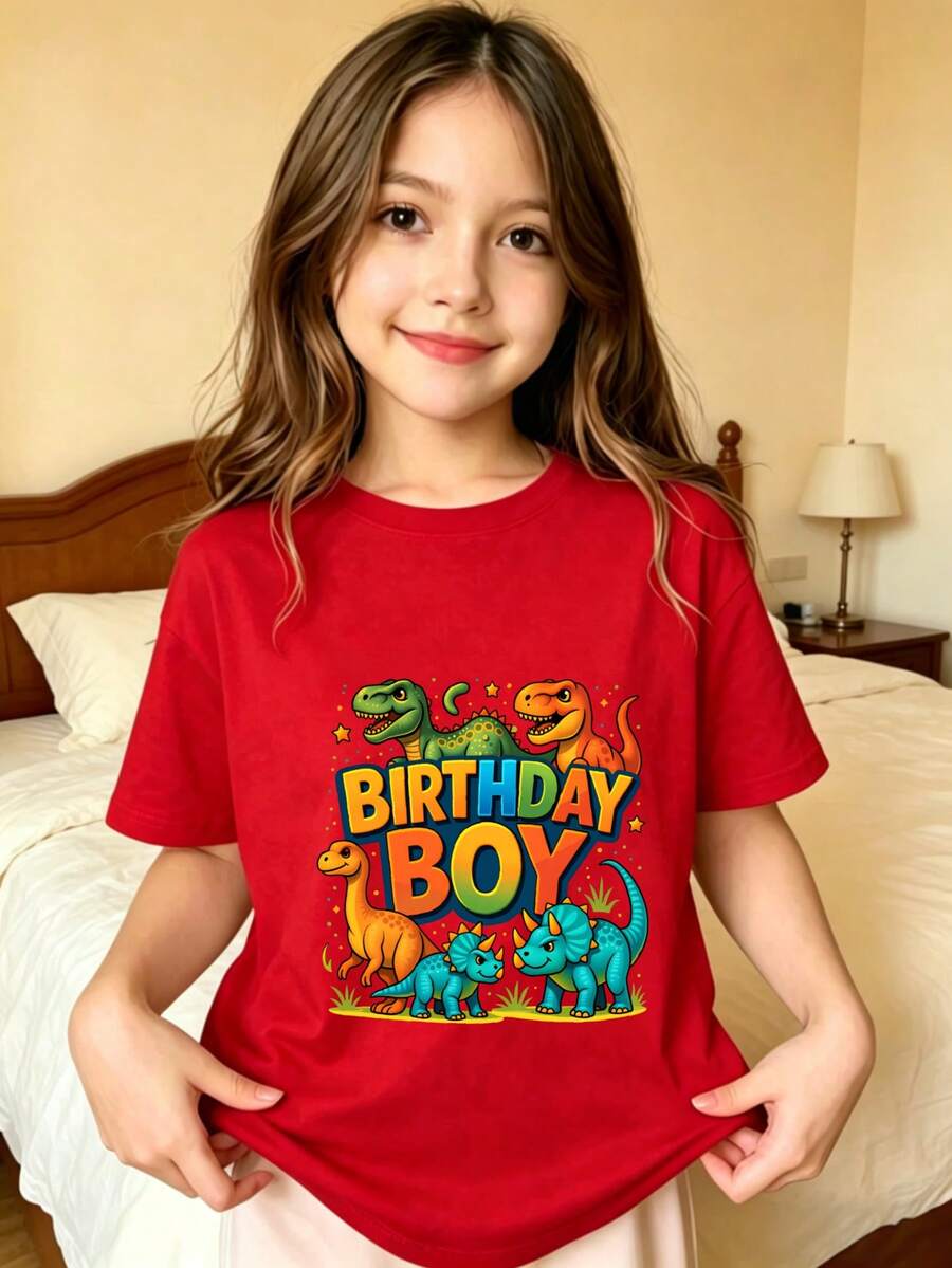 Dinosaur Pattern Birthday Printed T-Shirt For Kids - Red - View 1