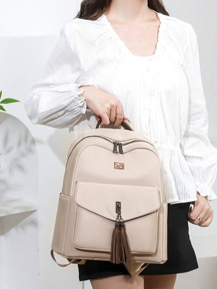 Women's Nylon Lightweight Backpack, Waterproof Casual Everyday Daypack, Multi-Pocket Minimalist Solid Color School/Work/Travel Bag - Beige - View 3