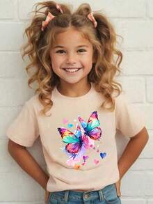 Corazones de Mariposa con Estampado de Patrón Colorido Camiseta estampada para niños - Albaricoque - Ver 2