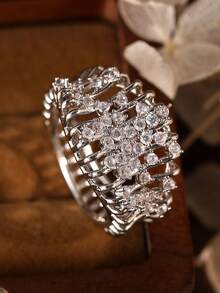Kotak Hadiah Cincin Pita Lebar Perak, Desain Sangkar Burung Rumbai 3D, Batu Zirkonia Kubik Bertabur Penuh, Cincin Koktail Mewah untuk Wanita - Perak - View 2