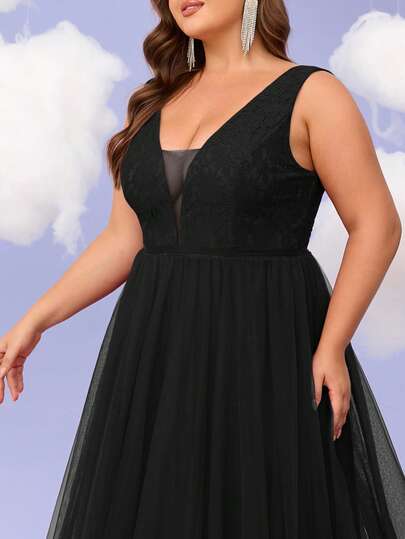 shein prom dresses plus size SHEIN Belle Plus Size Women's Evening Dress With Beaded Patchwork, Dramatic  Train And Cascade Formal Dress