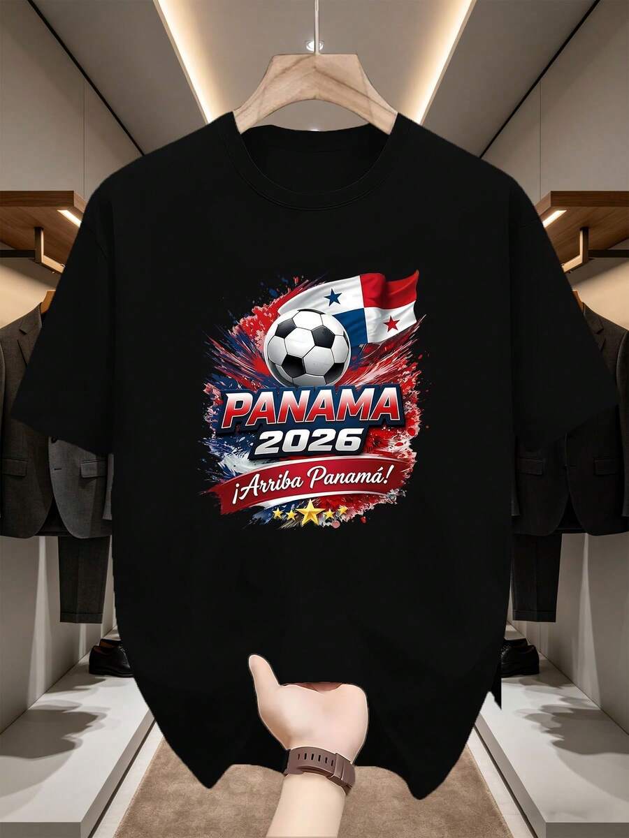 Panama 2026 Slogan Edition, Short Sleeve T-Shirt With PANAMA 2026 Football Slogan Print, Heavyweight Cotton Blend For A Loose And Comfortable Fit, Football Style For Everyday Looks. - 黑色 - 查看 1