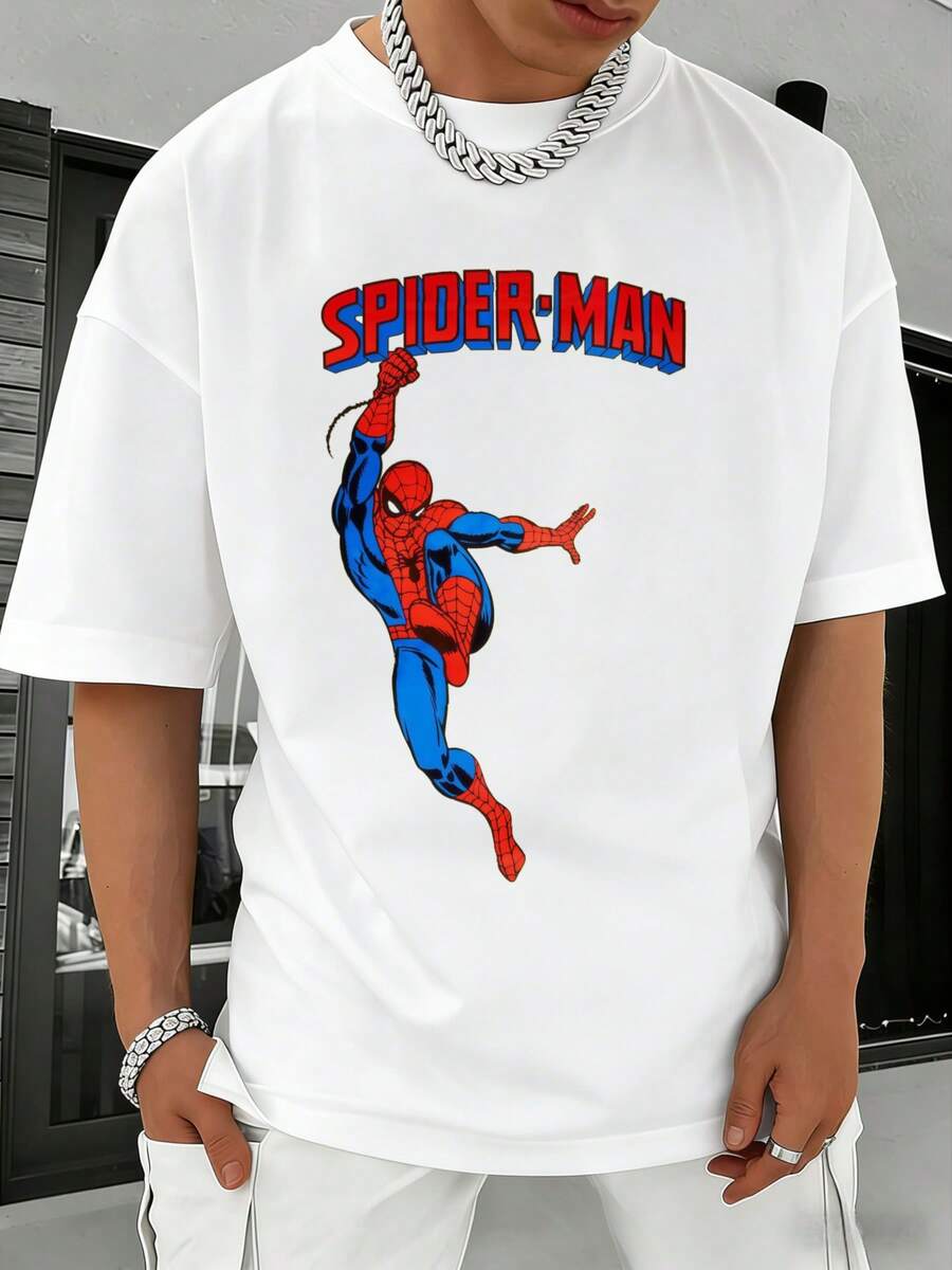 MARVEL Spider-Man Action Pose Logo Graphic T-Shirt For Men, 100% Cotton Streetwear Tee, Great Gift - 白色 - 查看 1