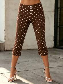 Womens Capri Pants Elegant Solid Color Front Button Decor Slim Fit Cropped Trousers For Daily Wear Party Vacation - Dark Brown - View 2