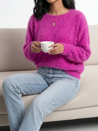 Aletheia - Blusa Manga Longa Angora Pelinhos Quentinho Moderno Tendencia Blusa Nevoado Manga Morcego Toque Macio