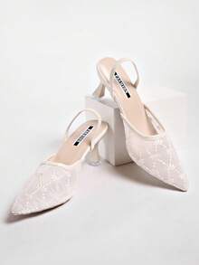 New Chinese Style White High Heel Mules, Pointed Toe Lace Embroidery Convertible Sandals For Women - White - View 6