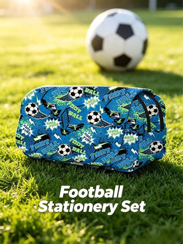 3-lagige Klapptasche Multifunktions Schreibwaren Bag Set mit großer Kapazität, Fußball Muster Aufbewahrungsbox, 5/10/15 Stücke Fußball Themen Kugelschreiber, 1 Stück kreative Schiebe-Kartenhülle ID-Kartenschutz, kreatives Schüler Schreibwaren Set, Rucksack Hänge-Accessoire