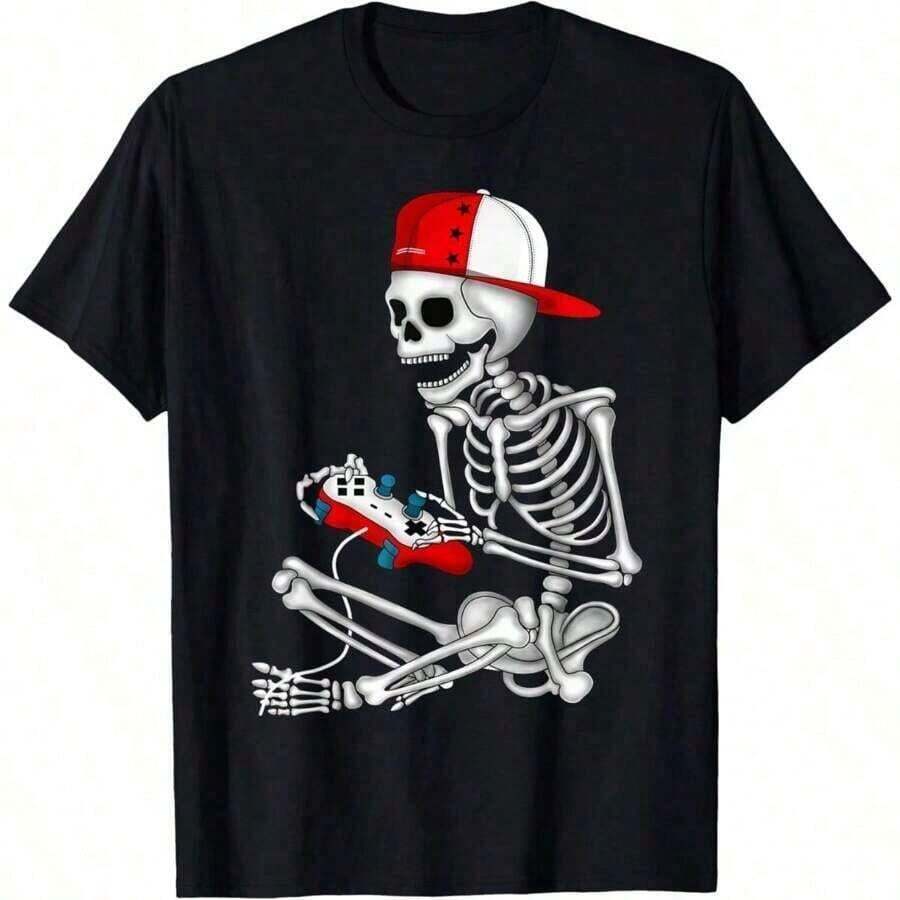 VVMK Camiseta unisex de regalo de videojuegos de esqueleto de Halloween, cómoda - Negro - Ver 1