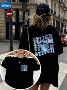 Disney Lilo & Stitch Series, Women's Casual T-Shirt, Featuring A Cute And Adorable "STITCH" With His Tongue Out, Printed On Both The Front And Back, Versatile And Stylish, Recommended For Sports And Commuting, A Classic Women's Short-Sleeve Shirt. - Black - View 1